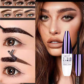 Eyebrow gel application tutorial with close-up of woman showing defined, natural brown eyebrows.