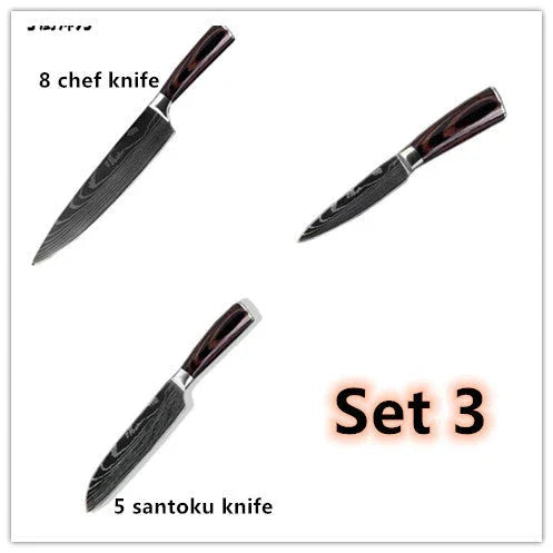 Three-piece kitchen knife set with Damascus steel pattern and wooden handles, includes 8-inch chef knife, 5-inch santoku knife, and a utility knife.