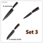 Three-piece kitchen knife set with Damascus steel pattern and wooden handles, includes 8-inch chef knife, 5-inch santoku knife, and a utility knife.