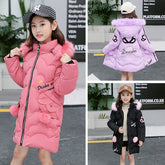 Girls wearing long puffer coats in pink, lavender, and black with faux fur trim and heart accents