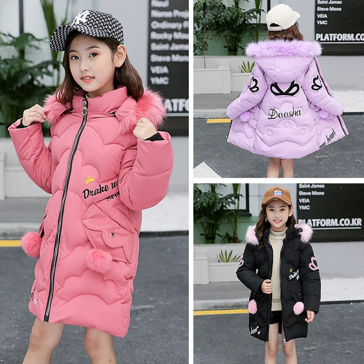 Girls wearing long puffer coats in pink, lavender, and black with faux fur trim and heart accents