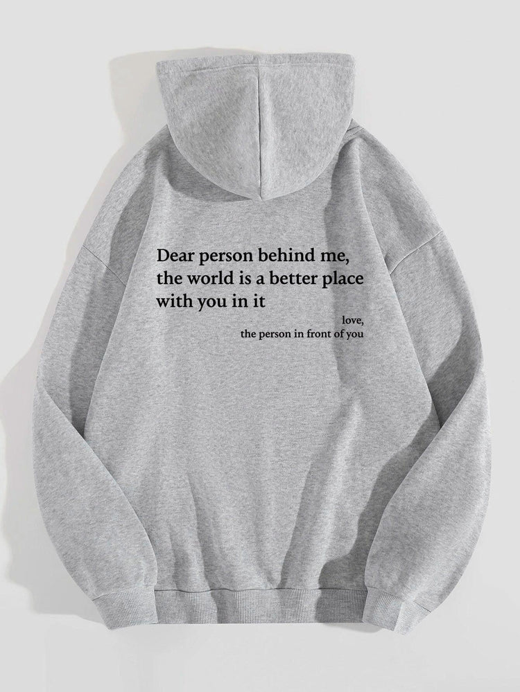 Gray cotton hoodie with uplifting text on back, relaxed fit, casual streetwear style