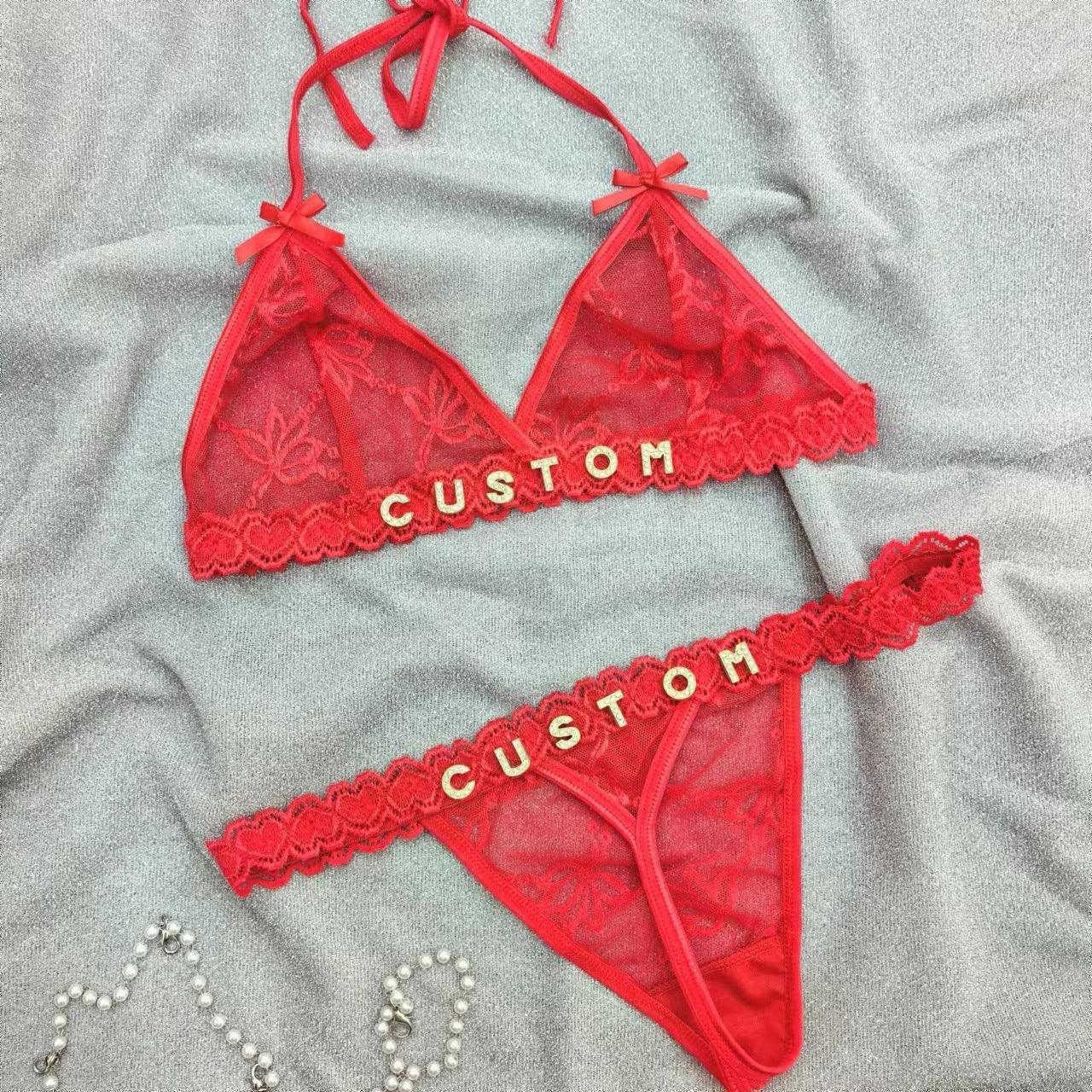 Red lace mesh bralette and thong lingerie set with floral details and CUSTOM gold lettering.