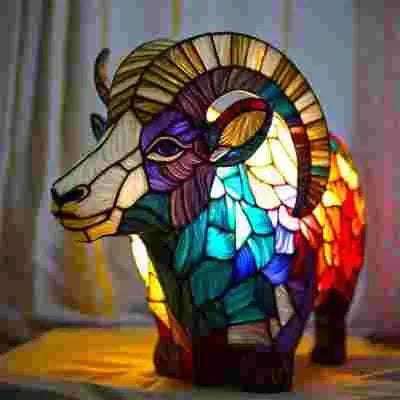 Colorful stained glass ram lamp with intricate patterns, illuminated indoors on fabric