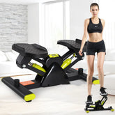 Woman in black sportswear using compact black and yellow home stepper machine, modern indoor setting