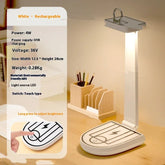 White rechargeable LED desk lamp with touch control, adjustable brightness, modern ABS design