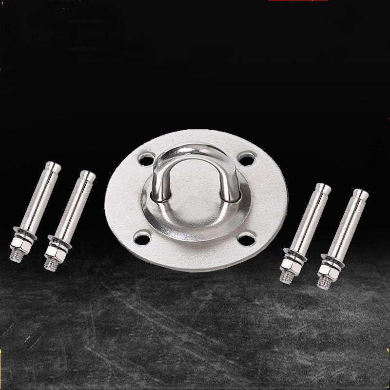 Stainless steel ceiling wall mount bracket with four anchor bolts on a dark background.