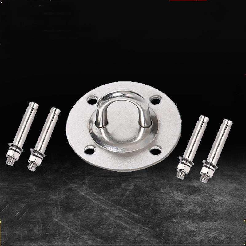 Stainless steel ceiling wall mount bracket with four anchor bolts on a dark background.