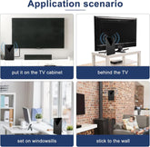 Lifestyle image showing placement options for a black, modern rectangular device, including on a TV cabinet, behind the TV, on windowsills, and mounted on a brick wall.