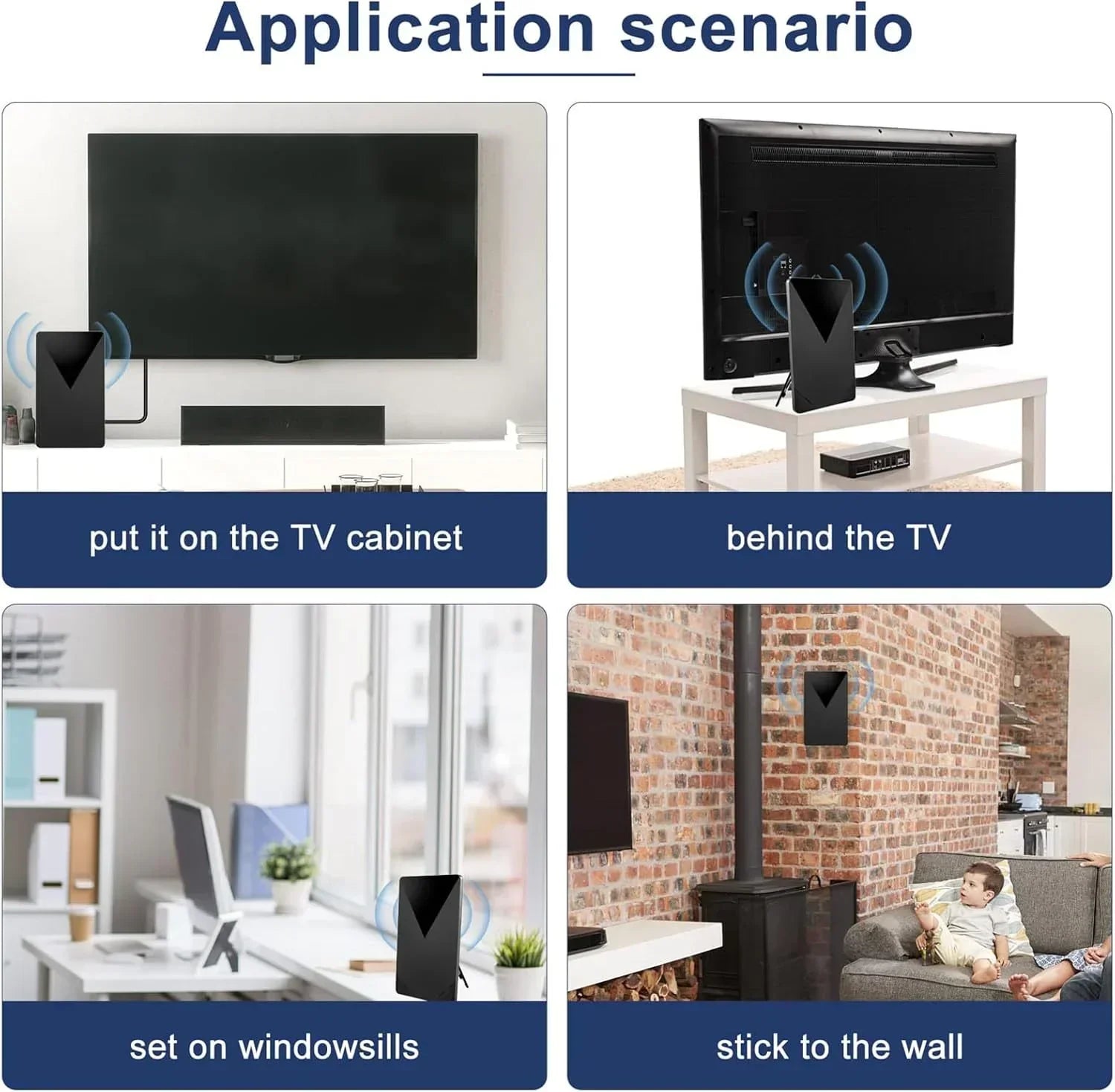 Lifestyle image showing placement options for a black, modern rectangular device, including on a TV cabinet, behind the TV, on windowsills, and mounted on a brick wall.