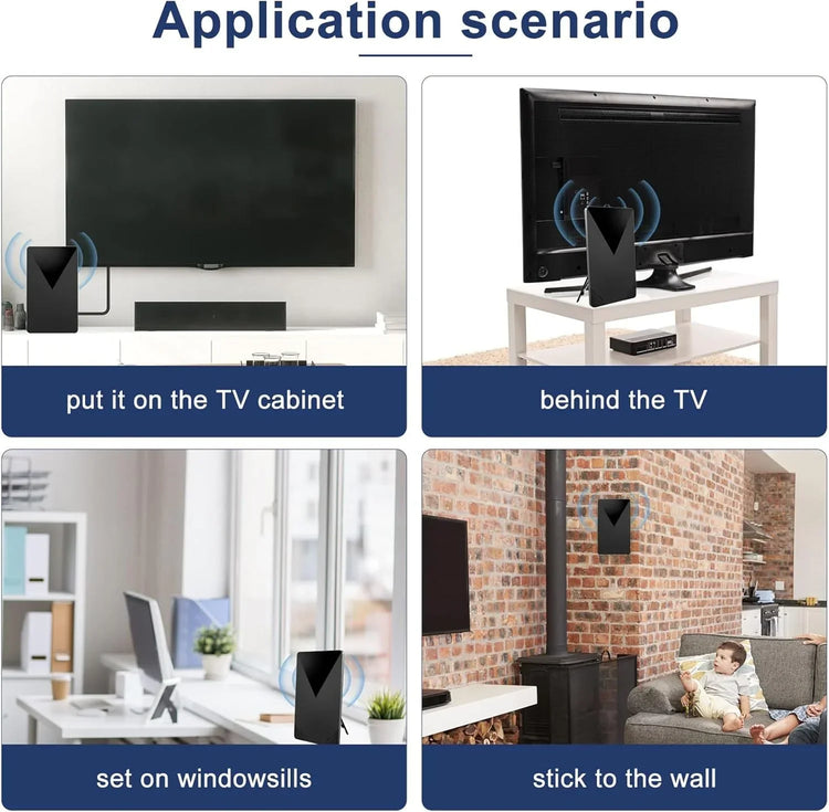 Lifestyle image showing placement options for a black, modern rectangular device, including on a TV cabinet, behind the TV, on windowsills, and mounted on a brick wall.