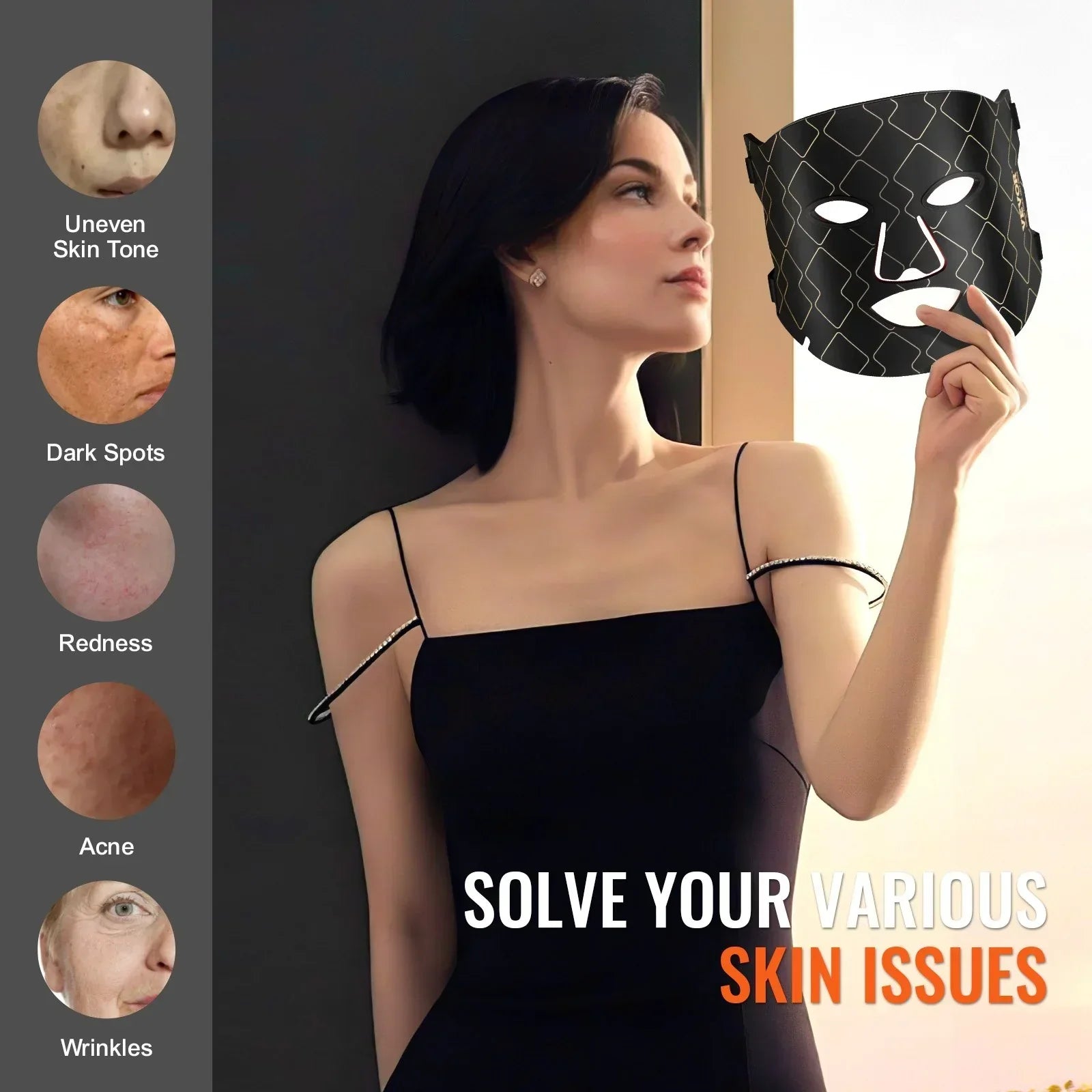 Woman in elegant black dress holding geometric black face mask, highlighting streetwear style and slim fit.
