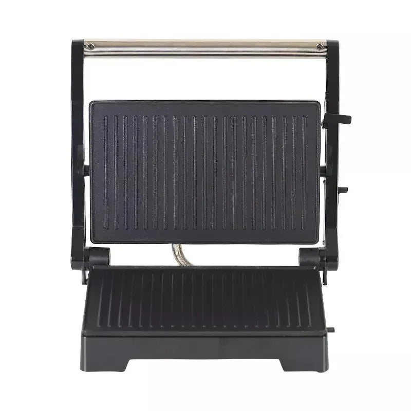 Electric panini press with non-stick black grill plates and stainless steel handle