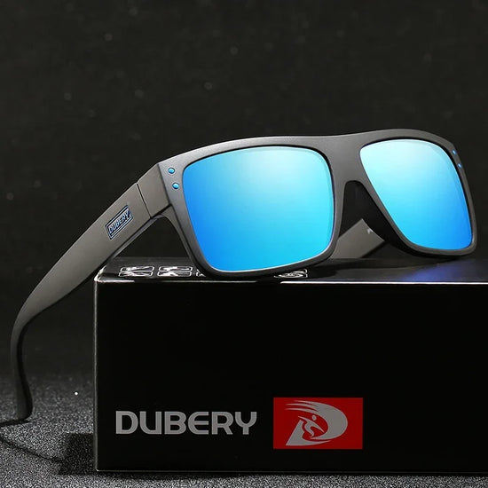 Matte black square-frame sunglasses with blue mirrored lenses, modern unisex style