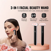 Woman using a black and white 3-in-1 facial beauty wand with red light therapy, promoting skincare.