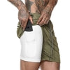 Olive green tech shorts with white compression liner, side pocket, and drawstring waist for streetwear fit