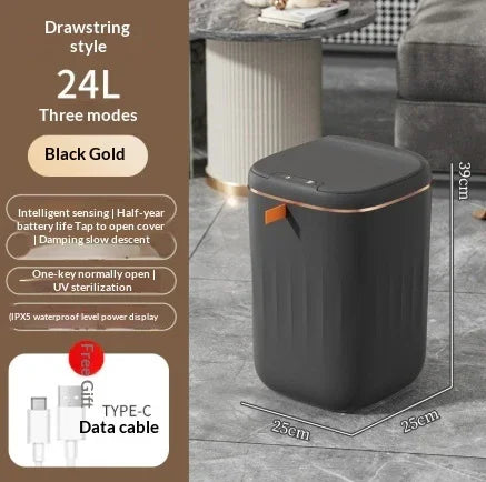 Black gold automatic trash can with drawstring style, UV sterilization, and 24L capacity in a modern room.