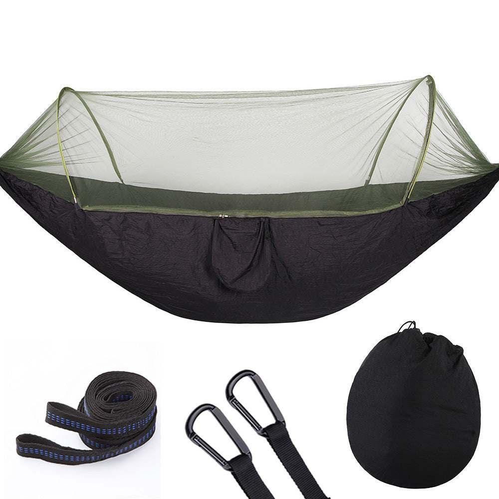 Black and olive green hammock with mosquito net, nylon fabric, includes straps and carabiners