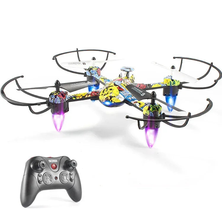Colorful graffiti-style drone with four propellers, LED lights, and black remote controller