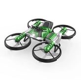 Green and black quadcopter drone with circular propeller guards, sleek plastic design