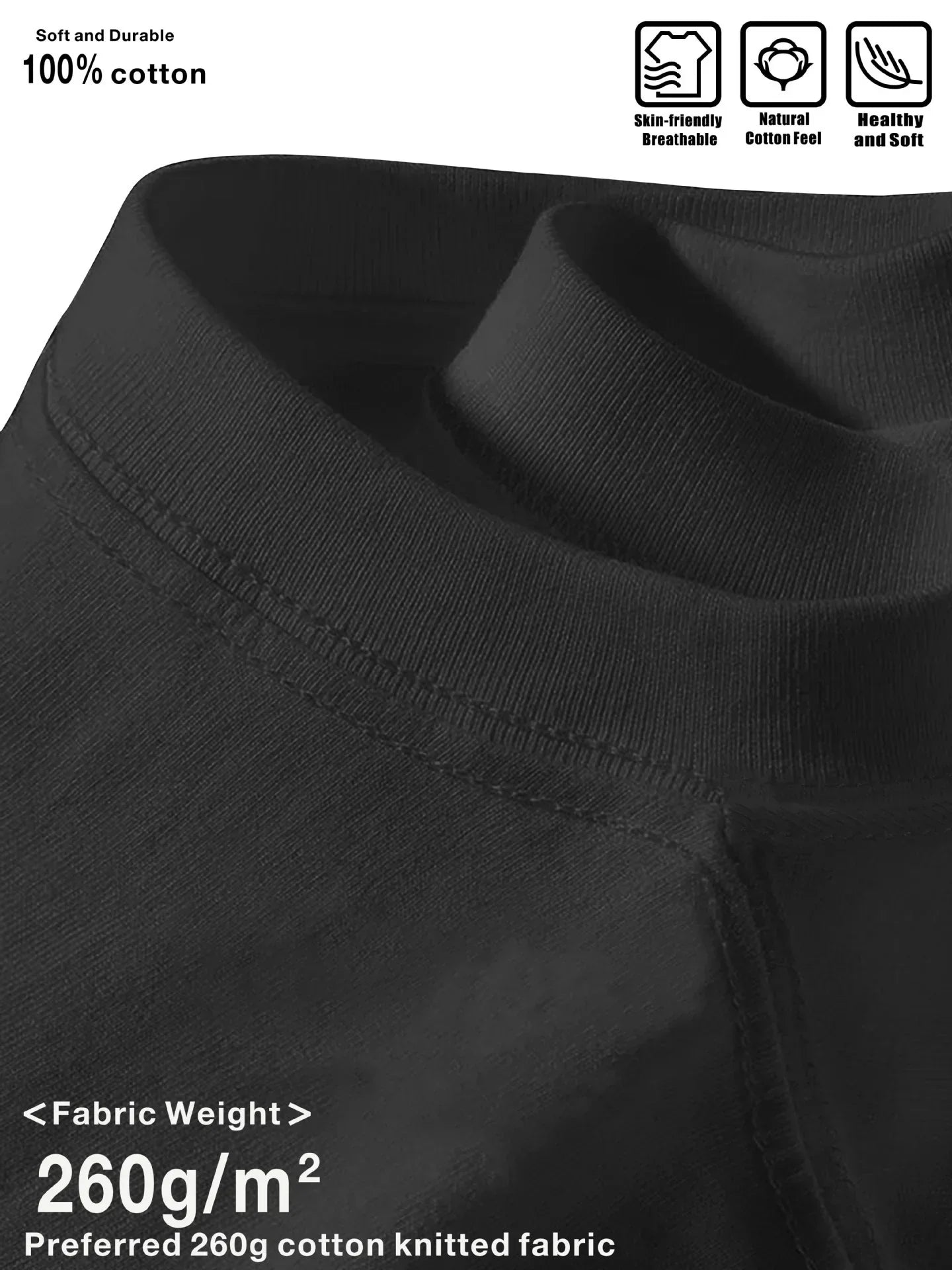 Black 100% cotton turtleneck, heavyweight 260g knitted fabric, soft breathable fit
