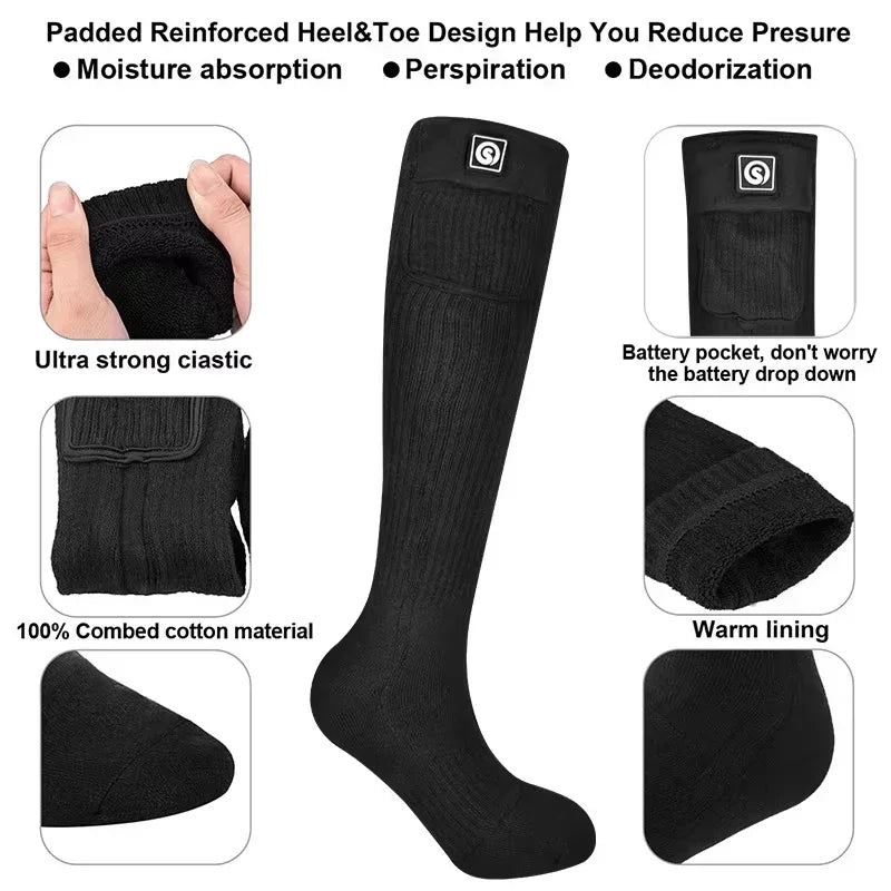 Black knee-high cotton socks with battery pocket, warm lining, moisture-wicking design