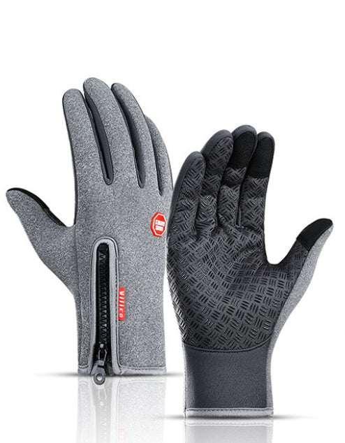 Grey touchscreen winter gloves with zipper closure, textured palm grip, and fitted wrist design