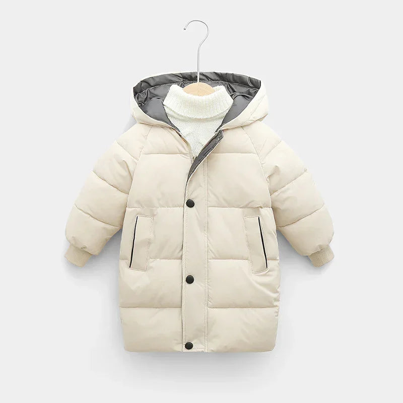 Beige puffer coat with hood, long sleeves, and button closure, relaxed fit, winter outerwear