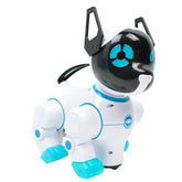 White and blue robotic dog toy with black face and modern tech design