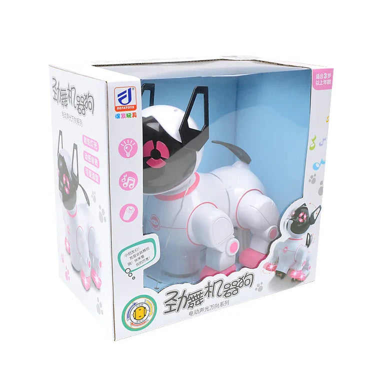 White and pink robotic dog toy in a display box, futuristic pet design, plastic material