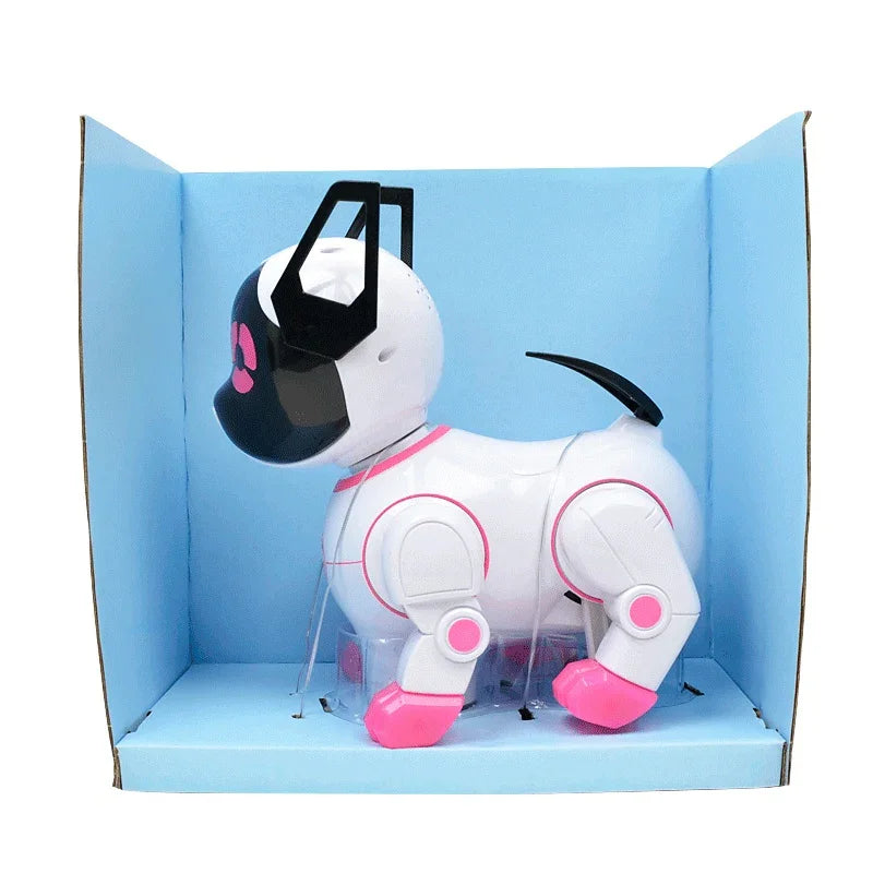 White and pink robotic dog toy with black visor, displayed in a blue cardboard box