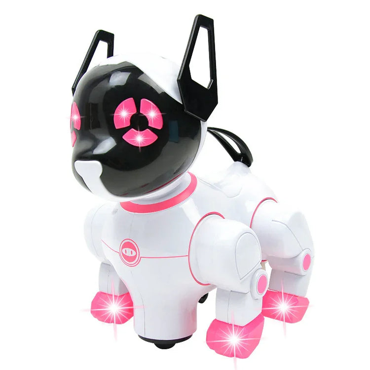 White and black robotic dog toy with pink LED lights, glossy finish, futuristic design