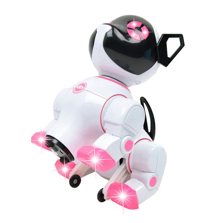 White and pink robotic dog toy with LED lights, plastic material, futuristic design
