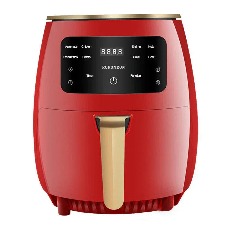 Red modern digital air fryer with golden handle and touchscreen controls