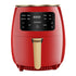 Red modern digital air fryer with golden handle and touchscreen controls