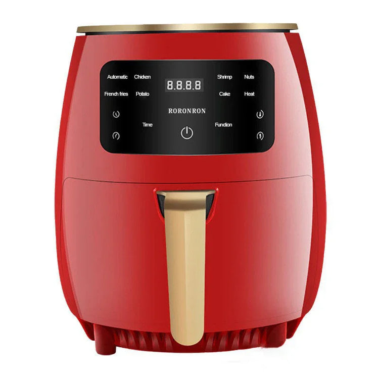 Red modern digital air fryer with golden handle and touchscreen controls