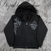 Black zip-up hoodie with faux fur hood, silver embroidered designs, and relaxed fit