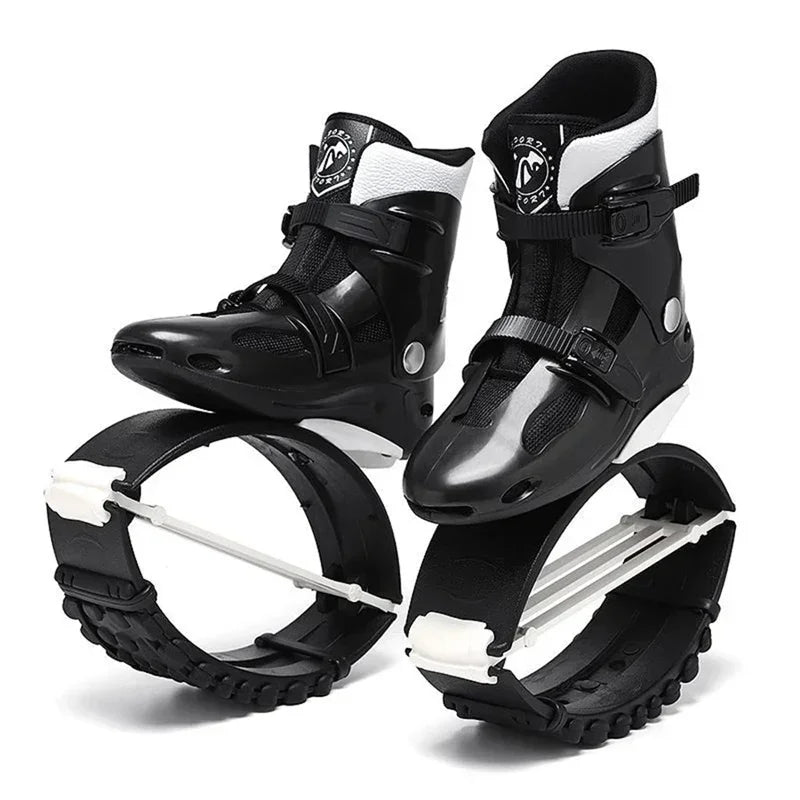 Black futuristic rebound shoes with mesh panels, adjustable straps, and curved spring soles.