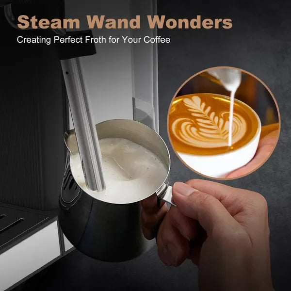 Steaming milk with metal steam wand and pouring frothy milk for latte art in a cup