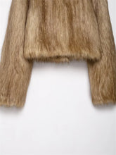 Light brown faux fur long sleeve jacket, straight fit, soft textured material