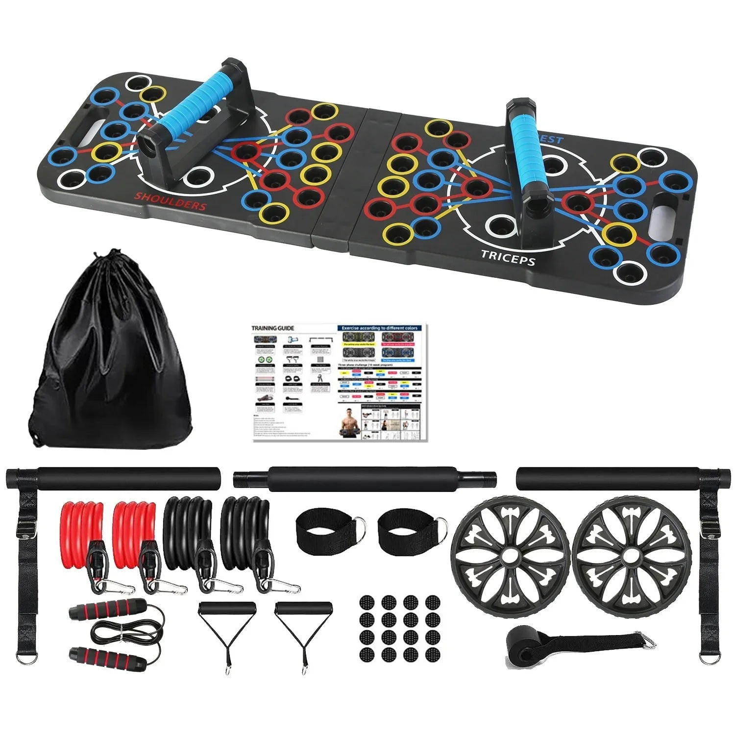 Multifunctional home workout equipment set with color-coded push-up board, resistance bands, ab wheels, jump rope, and accessories.