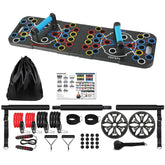 Multifunctional home workout equipment set with color-coded push-up board, resistance bands, ab wheels, jump rope, and accessories.