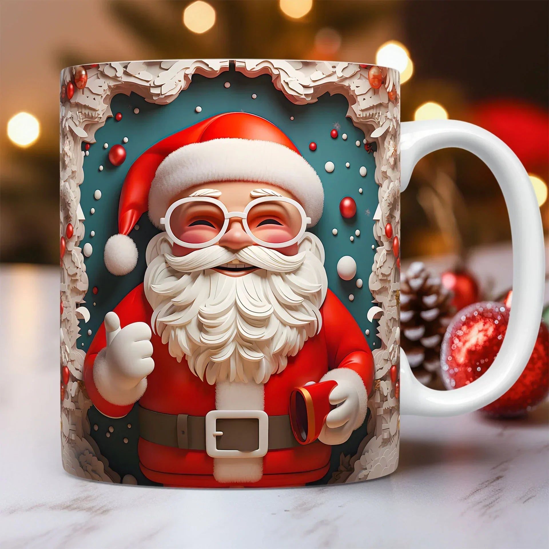 Cartoon Santa Claus in red suit with white beard and glasses on festive holiday mug