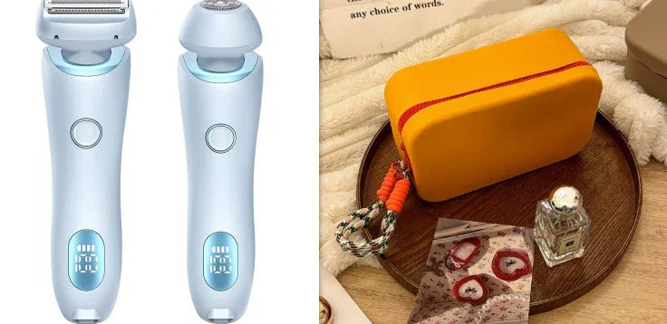 Modern electric shavers with sleek white design, yellow hard case, and accessories on tray