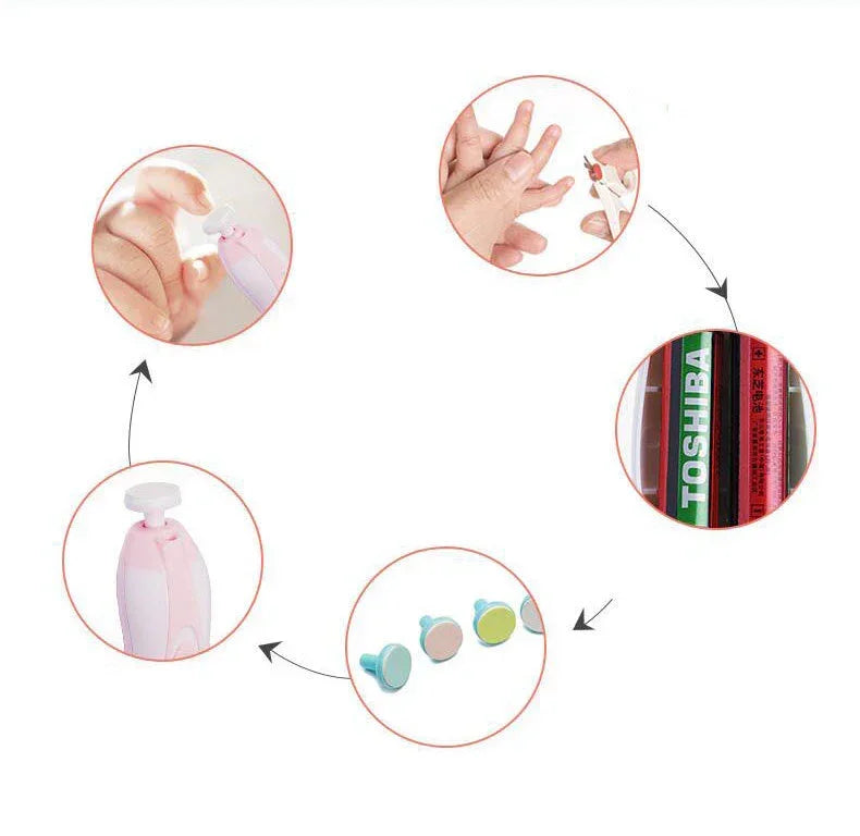 Electric baby nail trimmer in pink with interchangeable colored heads, gentle grooming tool