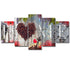 Wall art with rustic wood panels spelling HOME, coffee bean heart, floral and vintage accents.