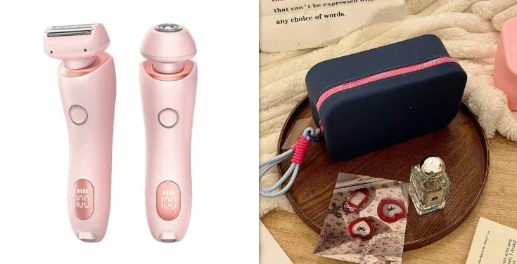 Two pink electric grooming devices with ergonomic design, navy blue zipper pouch, and accessories on a wooden tray.