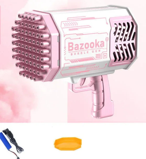 Pink and white bubble gun toy with multiple nozzles, bold design, handheld plastic build