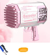 Pink and white bubble gun toy with multiple nozzles, bold design, handheld plastic build