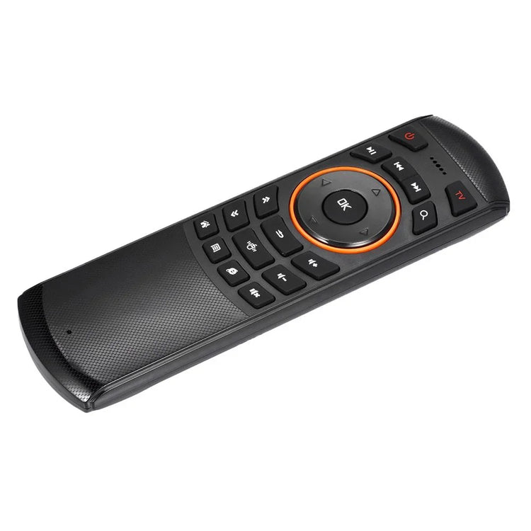 Black sleek remote control with orange accent, textured grip, and multi-function buttons